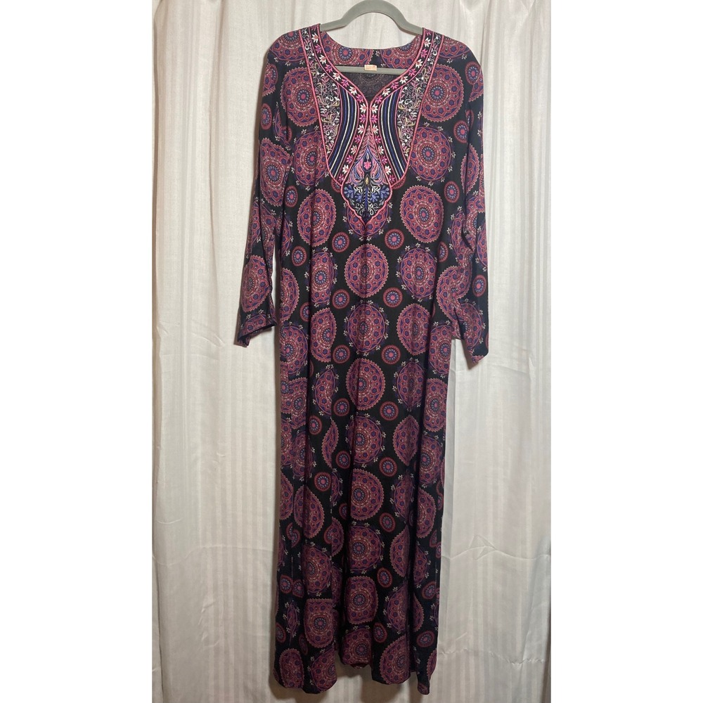 Full Sleeves Mandala Print Embroidered Maxi Dress Pink Purple Black M India Boho